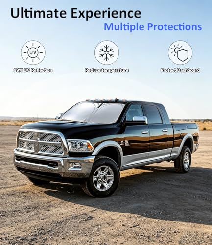 Image of Car Front Windshield Sun Shade for RAM 2500 3500 2010-2023, Car Window SunShades Shield Cover Visor Protector with 240T Reflective Fabric UV & Sun Heat Protection Accessories