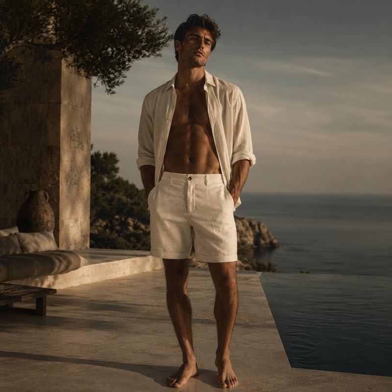 Herren-Bermuda aus Leinen, Kurze Sommerhose Regular Fit, Elegante Casual-Shorts mit Taschen und Umschlagsaum, mediterraner Stil für Strand, Urlaub und Alltag