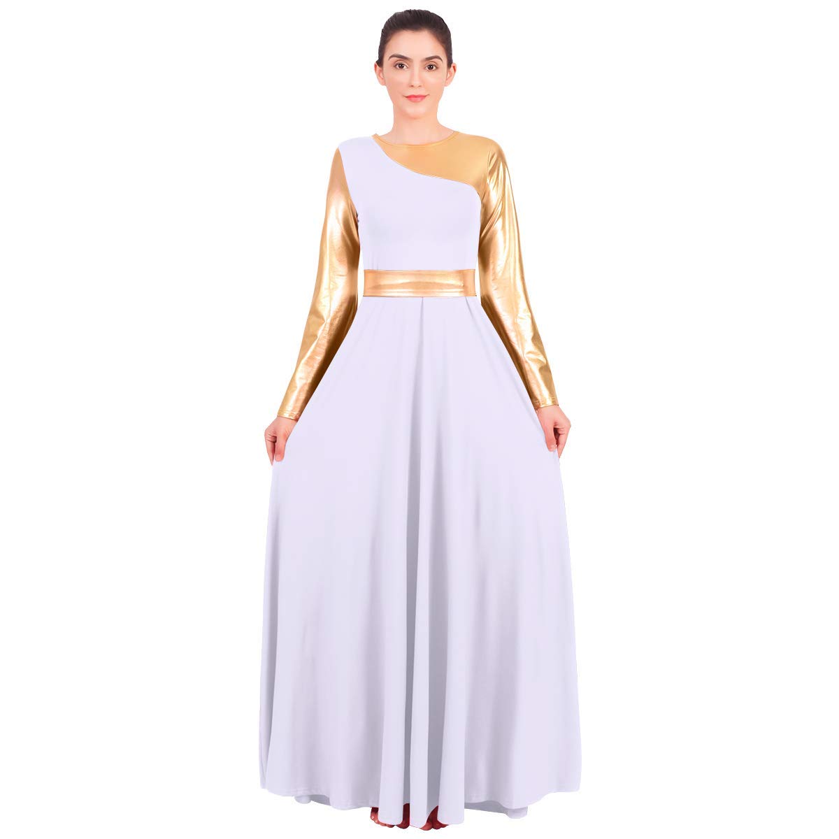 FYMNSI Liturgiques Robe de Danse Femme Cloche à Manches Longues Robe de Soirée Chambre Cocktail Métallique Contraste Plissé Robe de Ballet Classique Robe de Latine Valse Spectacle XS-3XL