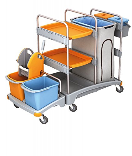 Limpieza con ruedas de plástico Splast - 4 con cubos, escurridor fregona, soporte y estantería