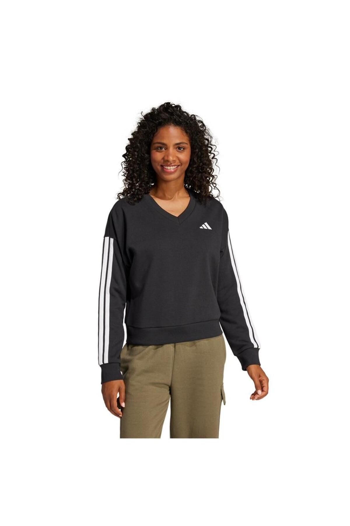 adidas dames ESSENTIALS 3 STRIPES FRENCH TERRY V-NECK SWEATSHIRT, black/white, XS