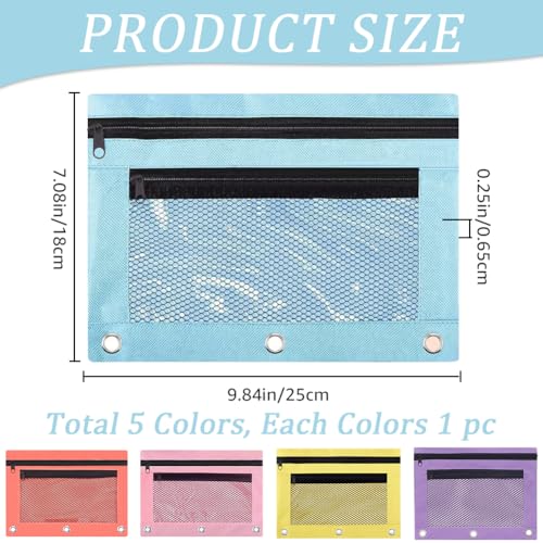 CRASPIRE 5Pcs Pencil Pouches Zippered for 3 Ring Binder with Smooth 5 Colors Zippers Dual-Pockets Mesh Window Pencil Case Cosmetic Bag Organizer for Storing Classroom Office Home Stationery Supplies - Image 2
