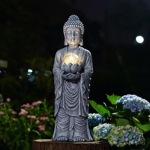 Goodeco Buddha Statue with Solar Lotus – 18.2 Inch Tall Large Gar...