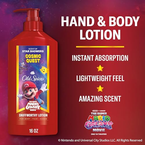 Image of Old Spice Hand and Body Lotion for All Skin Types, x The Super Mario Galaxy Movie, 24 /7 Lightweight Moisturization, Smell Super with Cosmic Quest, Scent of Star Showers, 16oz