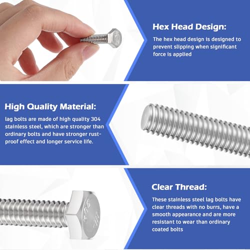 Image of Zonon 50 Pcs 1 /4-20 x 1 Hex Head Screw Bolt 18-8 (304) Stainless Steel Hexagon Bolts, Fully Threaded, Plain Finish, External Hex Drive (Silver)