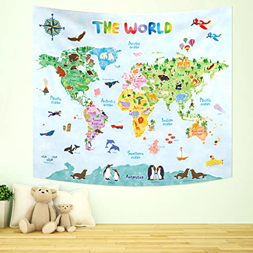 BASHOM TP-001 - Tapiz de mapa del mundo de animales grandes para colgar en la pared para dormitorio, sala de estar, dormitorio, decoración del hogar, poliéster, 60 x 50 pulgadas (150 x 130 cm)