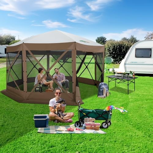 Image of COBIZI 15x15 FT Pop Up Gazebo - Canopy Tent, Large Gazebos On Clearance,Instant Screened in Gazebo,carpas para Patio,Portable Screen Tents for 12-15 Persons Outdoor Camping, Backyard, Brown