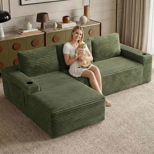 Image of 104.3 inch Modular Sectional Sofa,Modern Corduroy Cloud Couch with Cup Holder & Side Pockets,Boneless Couch Upholstered 3-Seater L-Shaped Sofa for Living Room,No Assembly (Green, Left-Facing Chaise) | with Cup Holder