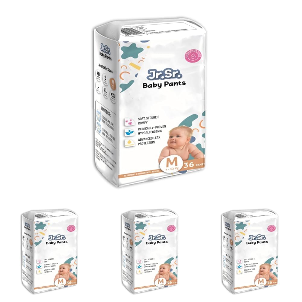 Jr. Sr. Baby Diaper Pants | Medium (M) Size (7-12 kg), 36 Count | Pack of 4 | Upto 12 hr Absorption with Advanced Leak Protection | Safe For Babies Skin | Soft, Secure & Comfy-image-17