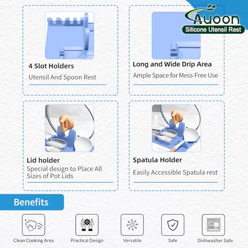 Image of Auoon Silicone Spoon Rest with Lid Holder - 3 in 1 Kitchen Utensil Rest for Soup Ladles, Pot Lids, Spatulas, Spoons, Tongs, BPA Free & Dishwasher Safe, 8.26 x 8.06 Inch (Blue Velvet, Large)