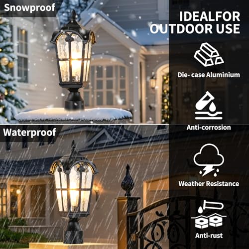 2 Pack Outdoor Post Lighting Fixture for Entryway Garden Walkway Backyard, Waterproof Aluminum Pole Lantern Light with Pier Mount Base, Black Outdoor Lamp Post Lantern Light