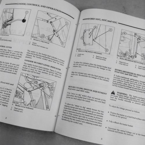 Manual page showing diagrams of loader control lever, return to dig switch, and hydro-mechanical self-levelling
