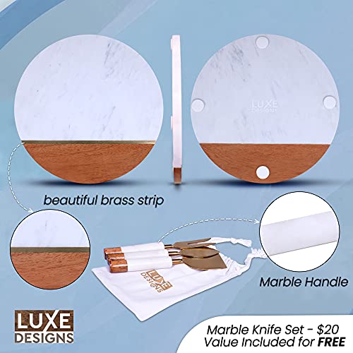 Wood And Marble Cheese Board & Cheese Knife Set (12”), Round Cheese Board And Knife Set – Handcrafted Acacia Wood Cutting Board – Versatile Charcuterie Board & Serving Board – Cheese Board Gift Set