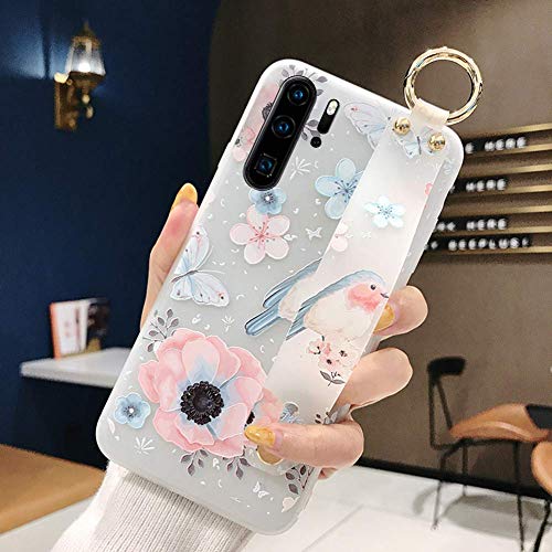 Robinsoni Case Compatible with Huawei P30 Pro Semi-Transparent Floral Flower Pattern Cover for Girls Women TPU Silicone Wrist-Band & Mental Ring Case Glitter Floral Cover Shockproof Bumper Back Case