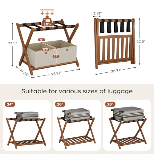 Fully Assembled Walnut Luggage Racks Set of 2 with 4 Storage Boxes, 26.77" Bamboo Luggage Rack Stand for Guest Room, 5 Nylon Straps, Folding Suitcase Stand with Storage Shelf for Bedroom Hotel