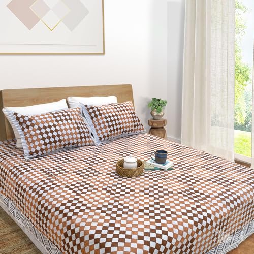 Image of TOAI Hand Block Printed Bedsheet | Bed Spread Flatsheet Bed Sheet | Pure Cotton | Queen Size 90 inchx108 inch | 300 TC Long Staple Cotton | 2 Reversible Pillow Covers |Checks Lines Brown