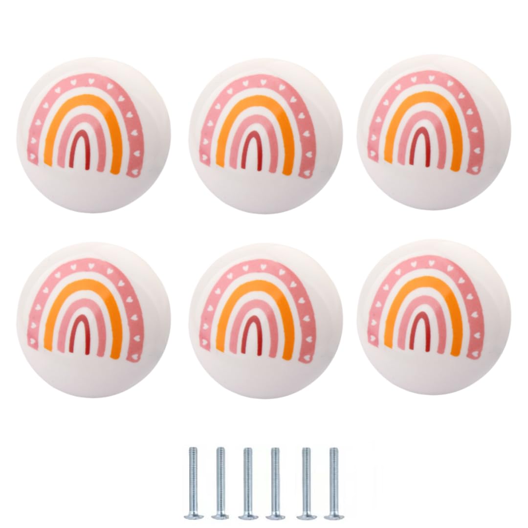 LQZAXSRDR Ceramic Cupboard Drawer Handle Knobs, Ceramic Door Knobs, Drawer Handles 6 Pcs Multicolor Diameter 38mm(Pink Hollow Rainbow)