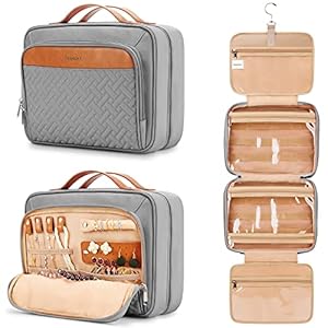 Travel Hanging Toiletry Bag for Women, Holds Full-Size Shampoo, with Jewelry Organizer Compartment, Extra Large Makeup Bag, Waterproof Cosmetic Bag, Toiletries Kit Set with Trolley Belt, Grey