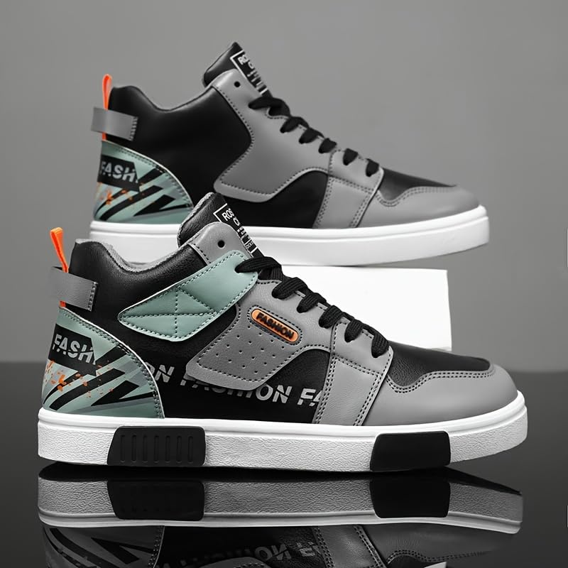 Men's High-Top Chunky Sneakers - Preppy Style Lace-Up Casual Sports Shoes | Faux Leather Upper, Fabric Lining, PVC Sole, Round Toe All-Season Outdoor Comfort2