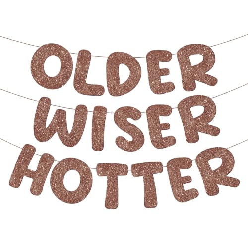 Image of Fulmoon Set of 3 Pre Strung Older Wiser Hotter Glitter Banner Funny Birthday Banner for Women 30th 40th 50th 60th 70th 80th Birthday Party Decorations Sign Gift (Brown)