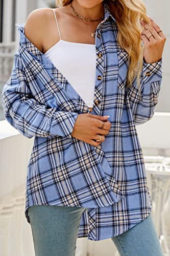 Image of CHYRII Womens Button Down Flannel Shirts Long Sleeve Plaid Shackets Business Casual Blouse Top