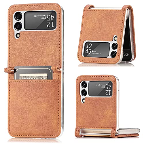 Cover per Samsung Galaxy Z Flip 4 Custodia Combinazione PC e Pelle con Slot per Schede e Portafoglio Anticaduta Case per Z Flip 4.Marrone