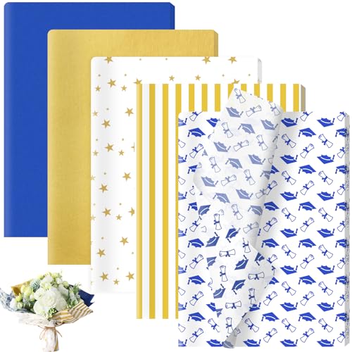 100 Sheets 2026 Graduation Tissue Paper 20x14 inch Graduate Cap Scroll Stripes Stars Gift Wrapping Paper for 2026 Graduate DIY Craft Graduation Party Supplies (Blue)