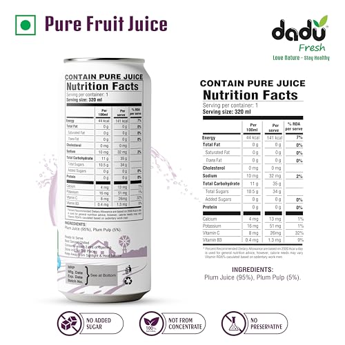 Image of Dadu Fresh Plum Juice | Pure Natural Fruit Healthy Beverage | Not from Concentrate, No Added Sugar, No Preservatives or Artificial Flavours | Vitamin Rich & Naturally Refreshing | 4 Cans x 320ml (1280ml)