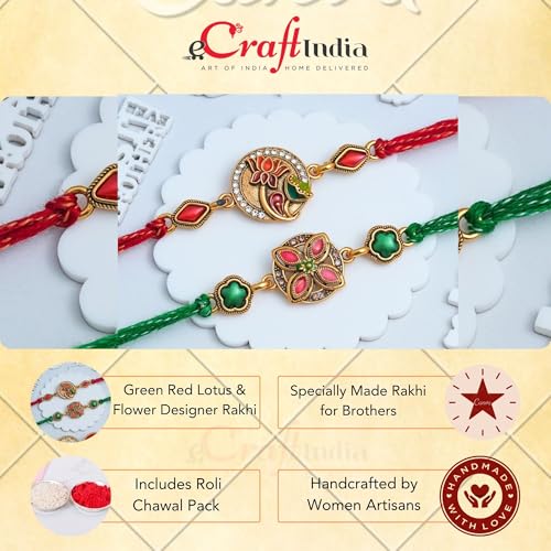 Image of eCraftIndia Green Red Beautiful Lotus Flower Designer Rakhi Set of 2 | Rakhi for Brother Bhaiya Bhai with Best Bro Ever Fridge Magnet | Roli Chawal Pack