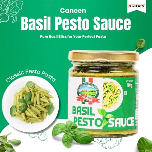 Image of CANEEN Basil Pesto Sauce - | Authentic Italian Recipe, Ready to Use, Perfect for Pasta, Sandwich,wraps|Simple Meals and Sides Creamy Pesto| Italian Toppings Sauce