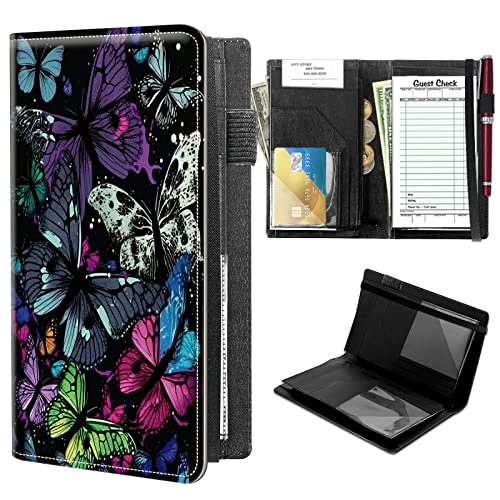 High Volume Server Books, Colorful Butterfly Server Book w/ 2 Expandable Pockets 9 x 5 Cute Waitress Book Zipper Pocket & Strap Closure Waitstaff Organizer Server Booklet Waiter Money Wallet