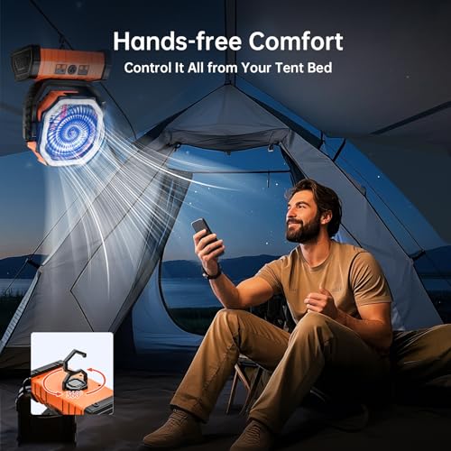 YOGIN Rechargeable Battery Powered Fan, 20000mAh Portable Camping Fan with 360° Adjustable Head, 4 Speeds & LED Light, Quiet Outdoor Fan for Tent, Desk, Travel, Home Use image 7