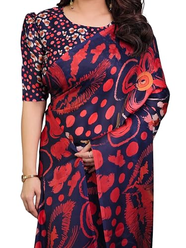 Image of ALMAARI FASHION Satin Georgette Floral Printed Saree with Blouse, 5.5 Meter Saree with 0.8 Meter Blouse, Traditional (SG 114 H)