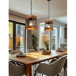 Doresshop 8 rustic farmhouse chandelier for dining room 1 light round cage black metal brown wood pendant light fixtures adjustable hanging light fixture for kitchen island foyer hallway 2p e26  urban country home decor