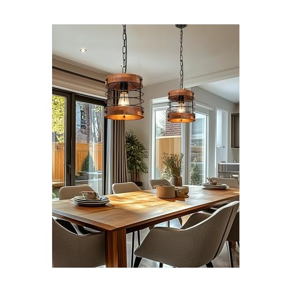 Doresshop 8 rustic farmhouse chandelier for dining room 1 light round cage black metal brown wood pendant light fixtures adjustable hanging light fixture for kitchen island foyer hallway 2p e26  urban country home decor