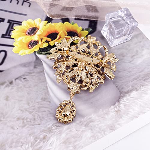 Image of LAXPICOL Wedding Bridal Big Brown Crystal Rhinestone Bouquet Brooch Pin for Women Golden Tone