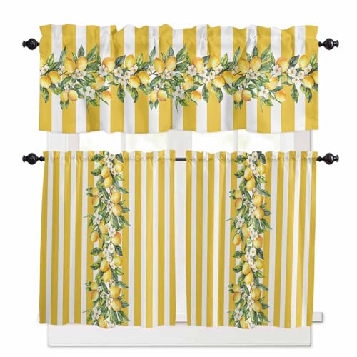Yellow Lemon Stripes Kitchen Curtains 36 Inch Length,3 Piece Rod Pocket Small Half Tiers and Valance Set,Summer Spring Fruit Flowers Leaves Small Large Window Treatment Decor for Bedroom/Bathroom