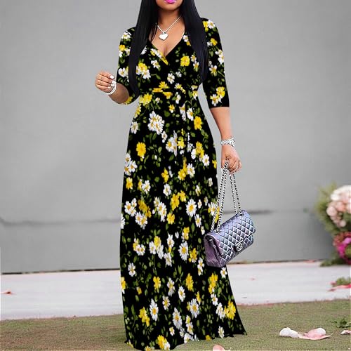 Image of PinkPatty Plus Size Maxi Dress for Women Casual V Neck 3 /4 Sleeve Boho Printed Long Dress with Pockets