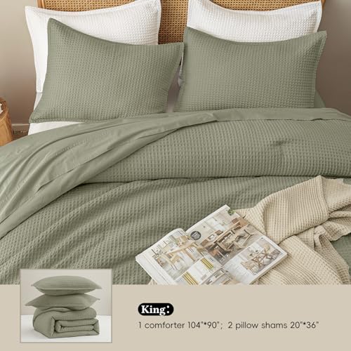 Image of David's Home Textured Summer Waffle Weave Comforter Set, King, Dusty Sage | Cozy Soft Lightweight Breathable Fluffy Durable Hotel Bedding with Pillow Shams for All Season, Luxury Home Decor, Giftable