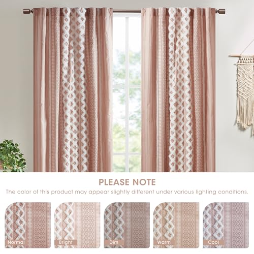 Image of INK+IVY Imani 100% Cotton SINGLE PANEL Curtain Tufted Chenille Stripe Geometric Print Mid-Century, Rod Pocket Top Drape for Living Room, Privacy Window Treatment for Bedroom, 50 inchW x 95 inchL, Dusty Pink