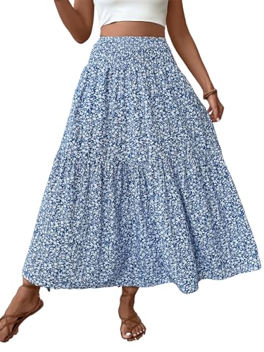 Women's Summer Floral Maxi A-Line Boho Skirt, Summer for Women 2025 Vacation Boho Floral Tiered (0,Blue Flower)