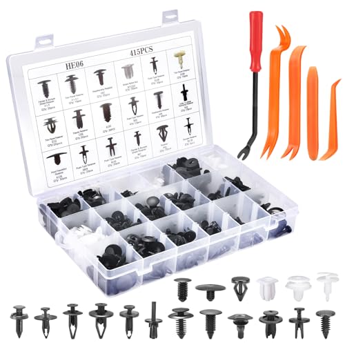 Image of Car Retainer Clips & Fasteners Kit - 18 Universal Sizes Nylon Bumper, Fender Rivets, Door Panel Clips, and Plastic Rivets with Removal Tool for Toyota, Ford (415pcs)