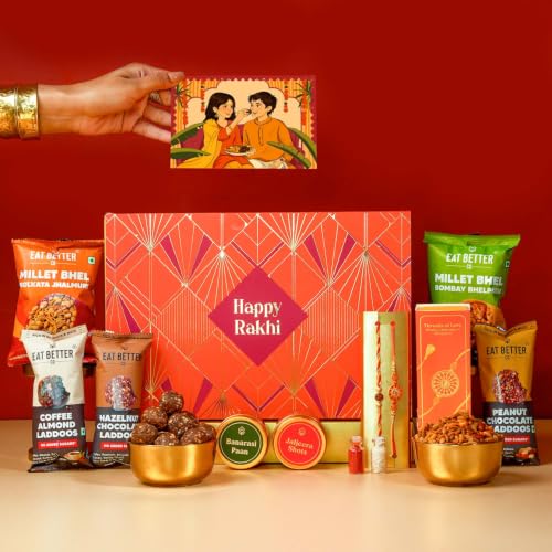 Image of Sneh - 11-Item Rakhi Gift Hamper for Brother | Premium Rakhi Set of 2 with Chocolate Dry-Fruit Laddoos, Millet Bhel, Roli-Chawal & Mukhwas Combo - Rakhi set for Brother with Hamper