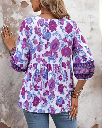 Image of Vivilli Womens Summer Boho Babydoll Tops 3 /4 Sleeve Pleated Peplum Blouses Casual V Neck Tie Front 2026 Tunic Tops