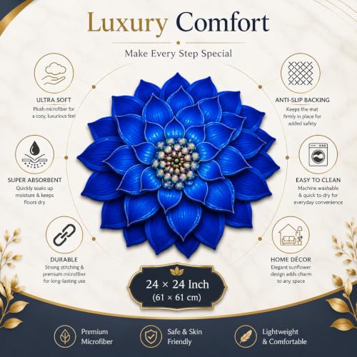 Image of 3D Lotus Floral Door Mat | Water Absorbent, Anti-Skid, Machine Washable Floor Mat | Soft Microfiber Carpet for Home, Living Room & Bedroom | Premium Decorative Mat (Blue, Lotus)