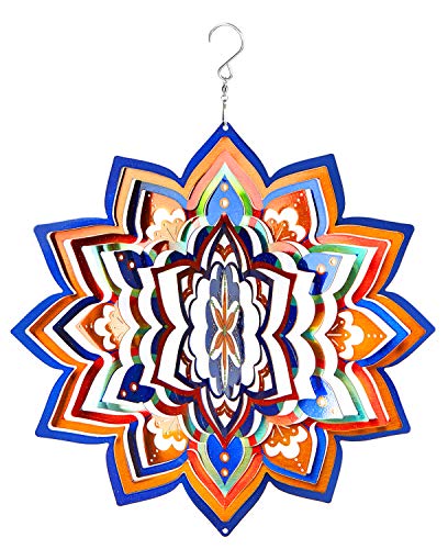 HS's Creation Wind Spinner Hanging 19 Guage 3D Kinetic Metal for Garden Patio Outdoor Indoor Lawn Decoration Ornaments Gifts Hand Painted Mandala Lucky Star Blue 12 Inch Wind Spinners