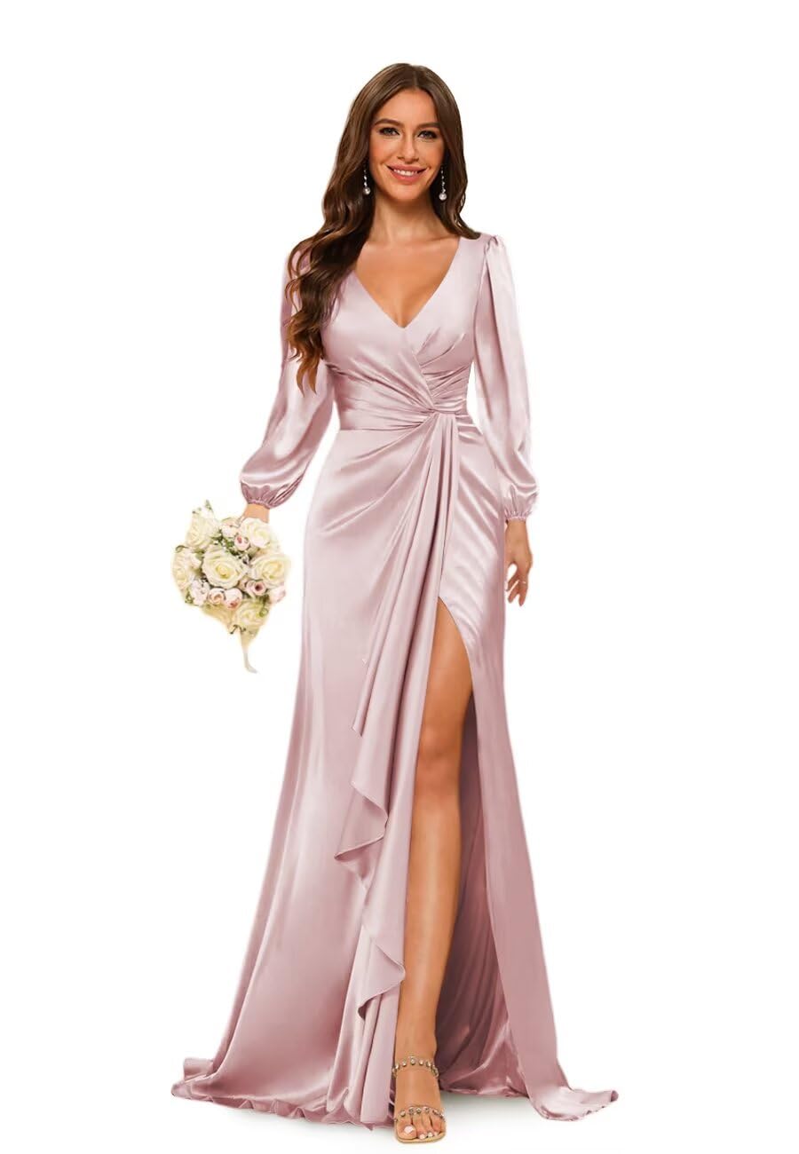 PUXIU Women's Satin Bridesmaid Dresses with Slit 2026 Long Evening Maxi Dress PUS033