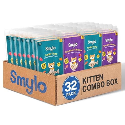 Image of Smylo Natural Healthy Kitten Wet Food (2-12 Months) 70g x 32 Packs | Variety Combo of Tuna & Salmon and Chicken & Liver Recipes | Grain Free, No Preservatives, No by-Products | Vet-Formulated
