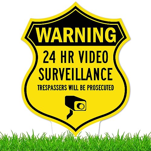 Image of Warning, 24 Hr Video Surveillance Sign, 11x21, Heavy Duty Integrated Ground Stakes, Indoor /Outdoor Use, Rust Free Aluminum Composite, Made in USA by My Sign center