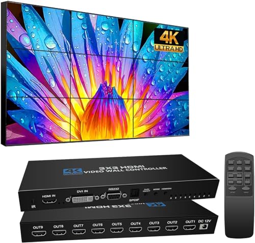 【Controller video da parete HDMI】: il processore da parete HDMI TV può distribuire dispositivi di segnale di ingresso HDMI, DVI (DVD, TV Box, computer, ecc.). a 9 schermi di visualizzazione delle uscite HDMI contemporaneamente, che tramite schermi d'impionbatura LCD possono formare un grande schermo dinamico completo della parete e le esposizioni del contrassegno digitale, portarvi un'esperienza visiva straordinaria.